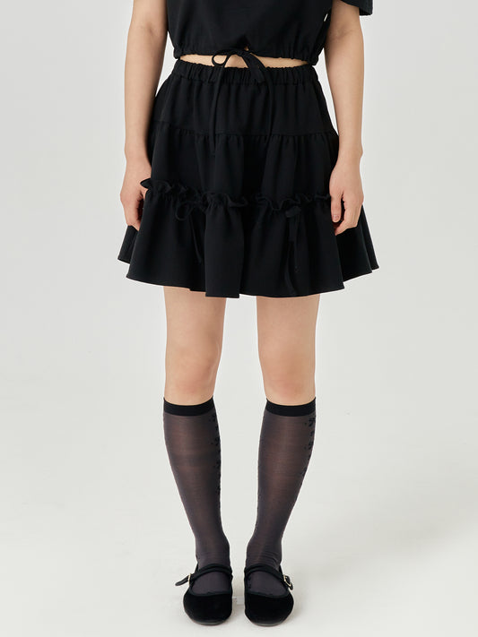 [ADOREBELLE] FW 24 STRING RIBBON MINI SKIRT - BLACK